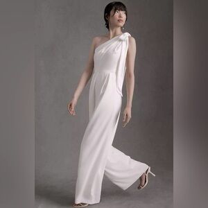 Amsale Ivory Lottie One-Shoulder Wide-Leg Jumpsuit